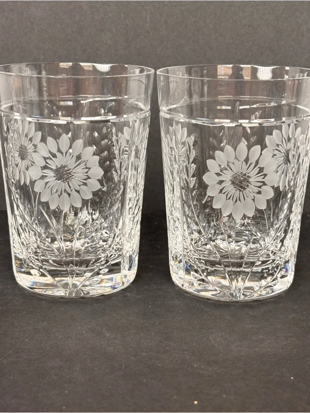 Pair Royal Brierley Etched Crystal Tumblers - Kensington Palace Flower Sunflower